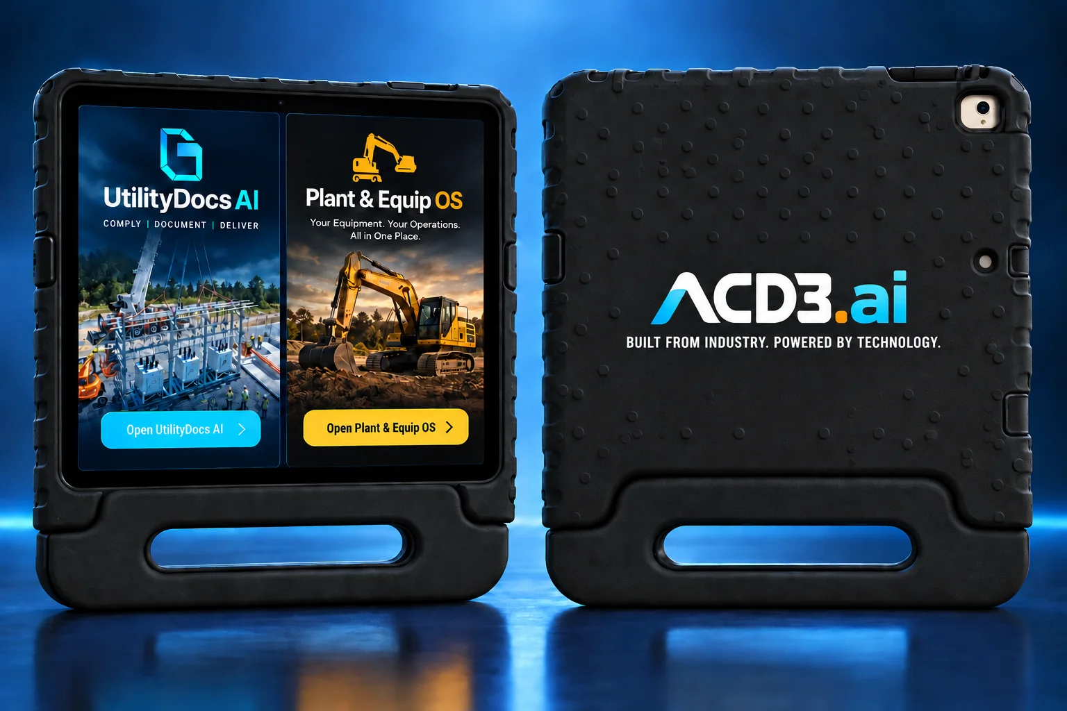 Rugged ACD3.ai tablets showing UtilityDocs AI and Plant & Equip OS on one screen and ACD3.ai branding on the protective case